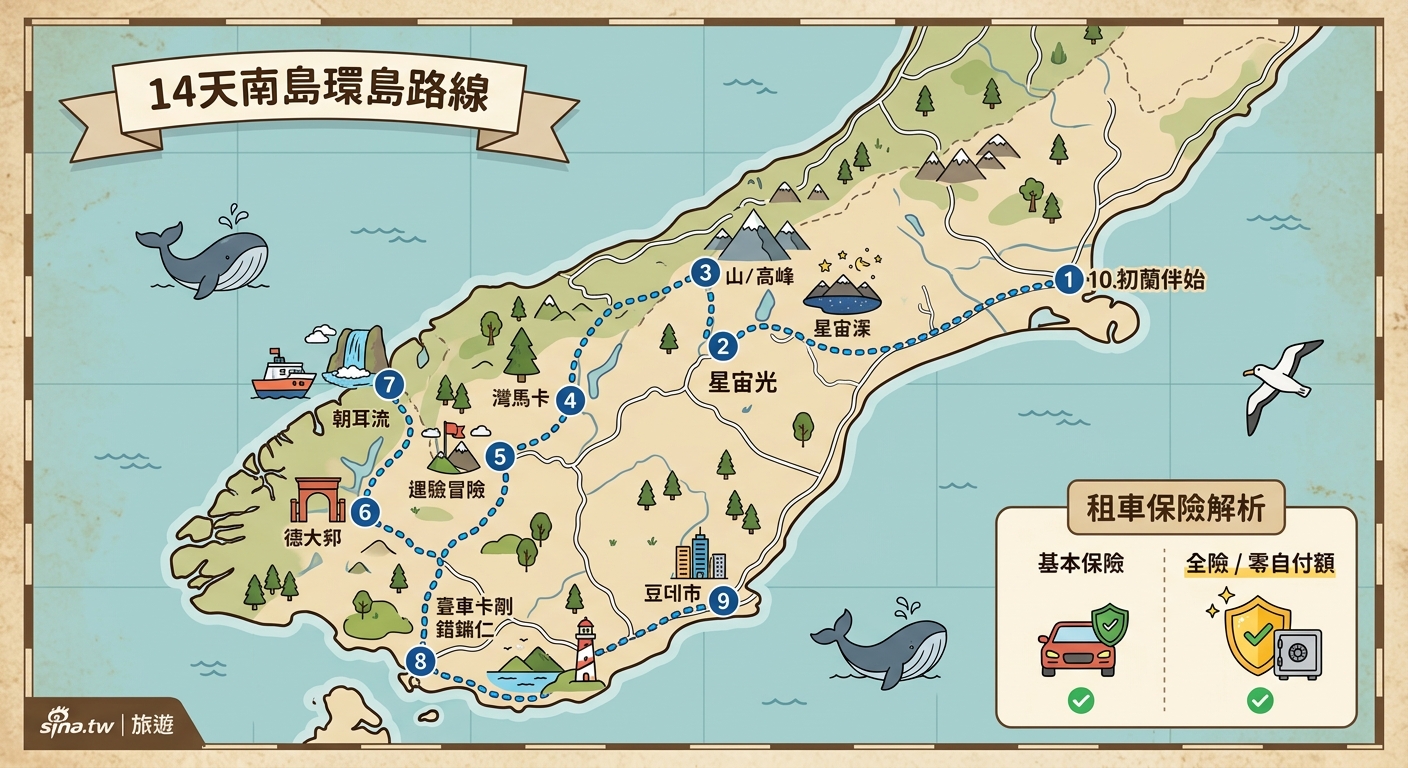 紐西蘭南島自駕遊：14天環島路線與租車保險完整解析 - Illustration 1